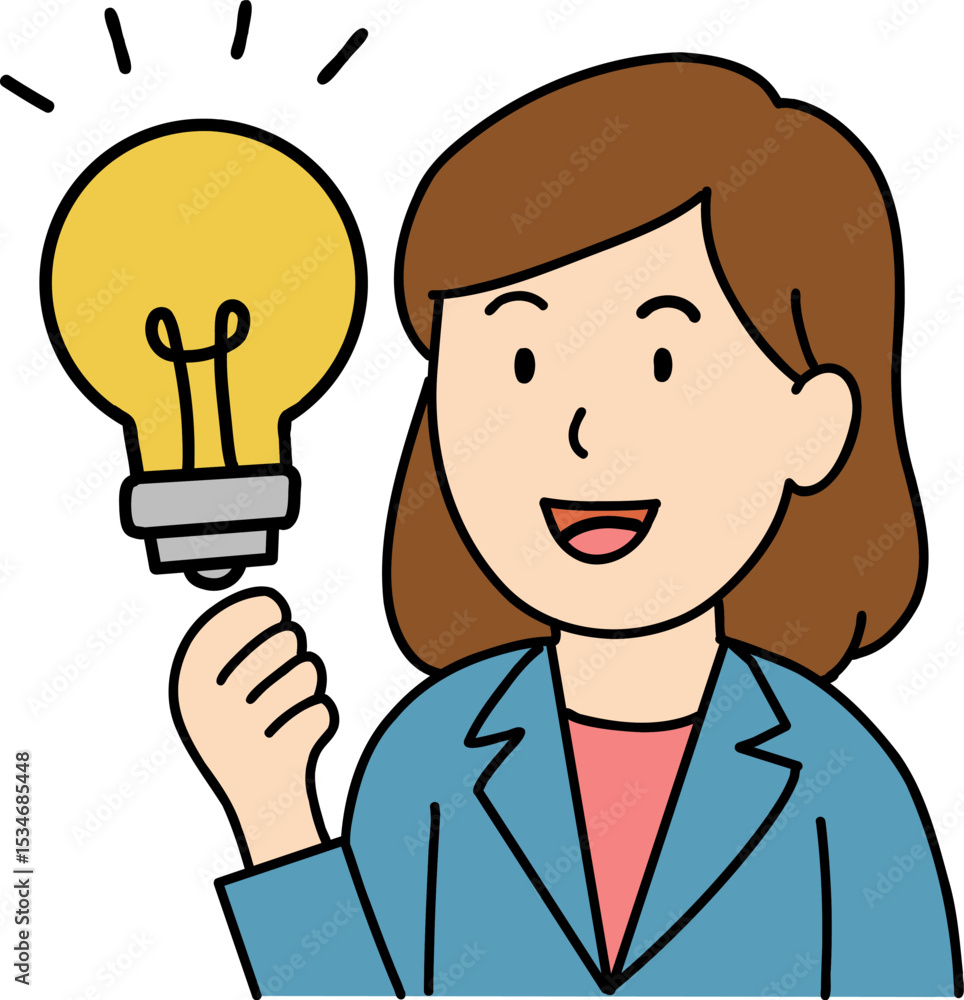 Hand drawn Business people doodle, Woman holding a light bulb with a cheerful expression. Hand drawn Business people doodle, Woman holding a light bulb with a cheerful expression.