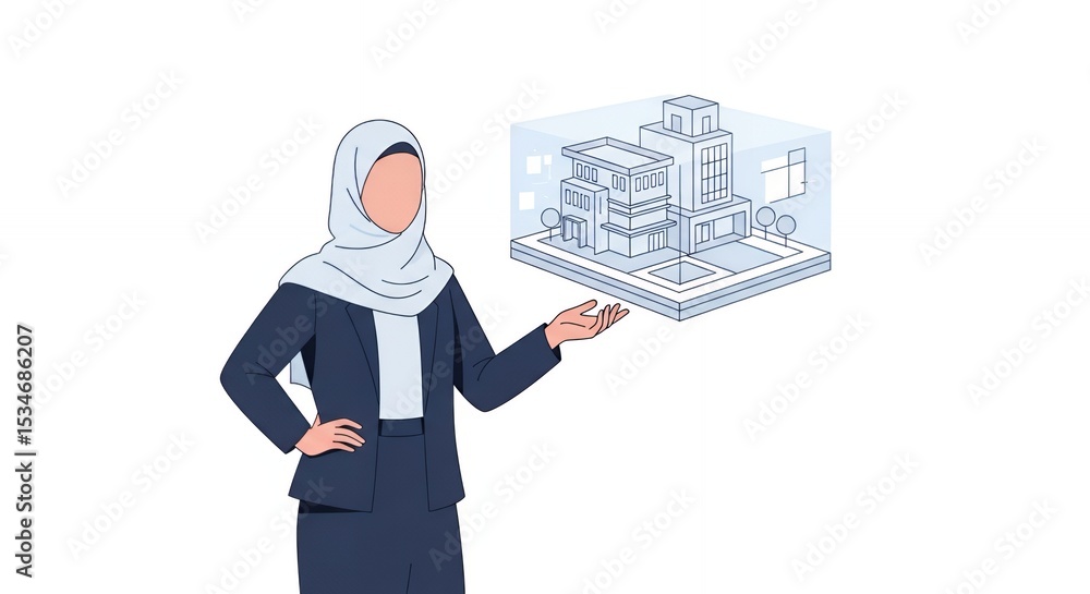 Businesswoman in Hijab Presenting Holographic Building Model Businesswoman in Hijab Presenting Holographic Building Model