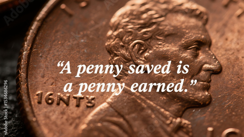 A penny saved is a penny earned. The image of a penny is shown with a quote that emphasizes the importance of saving money. Scene is serious and practical