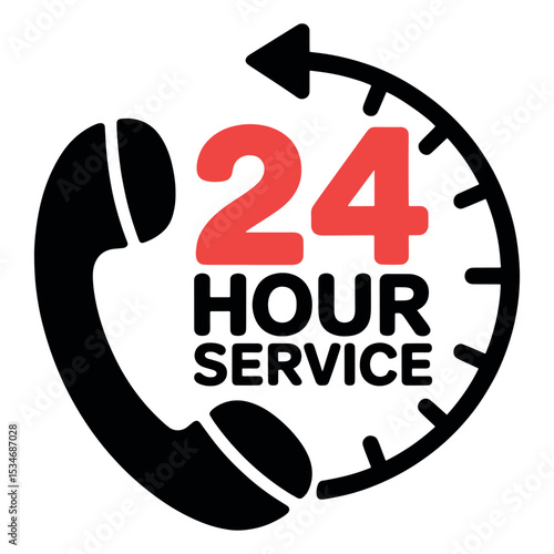 Round-the-Clock Support: A graphic illustration showcasing a phone receiver encircled by an arrow, boldly proclaiming 24-hour service availability.