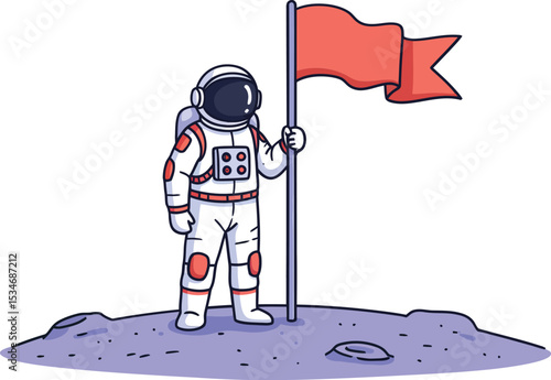 Astronaut standing on lunar surface holding red flag in space exploration vector illustration 