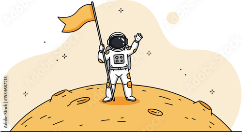 Astronaut planting flag on moon surface in space exploration vector illustration with orange background 
