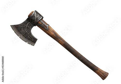 An ornate woodhandled axe with a decorated blade set against a black background