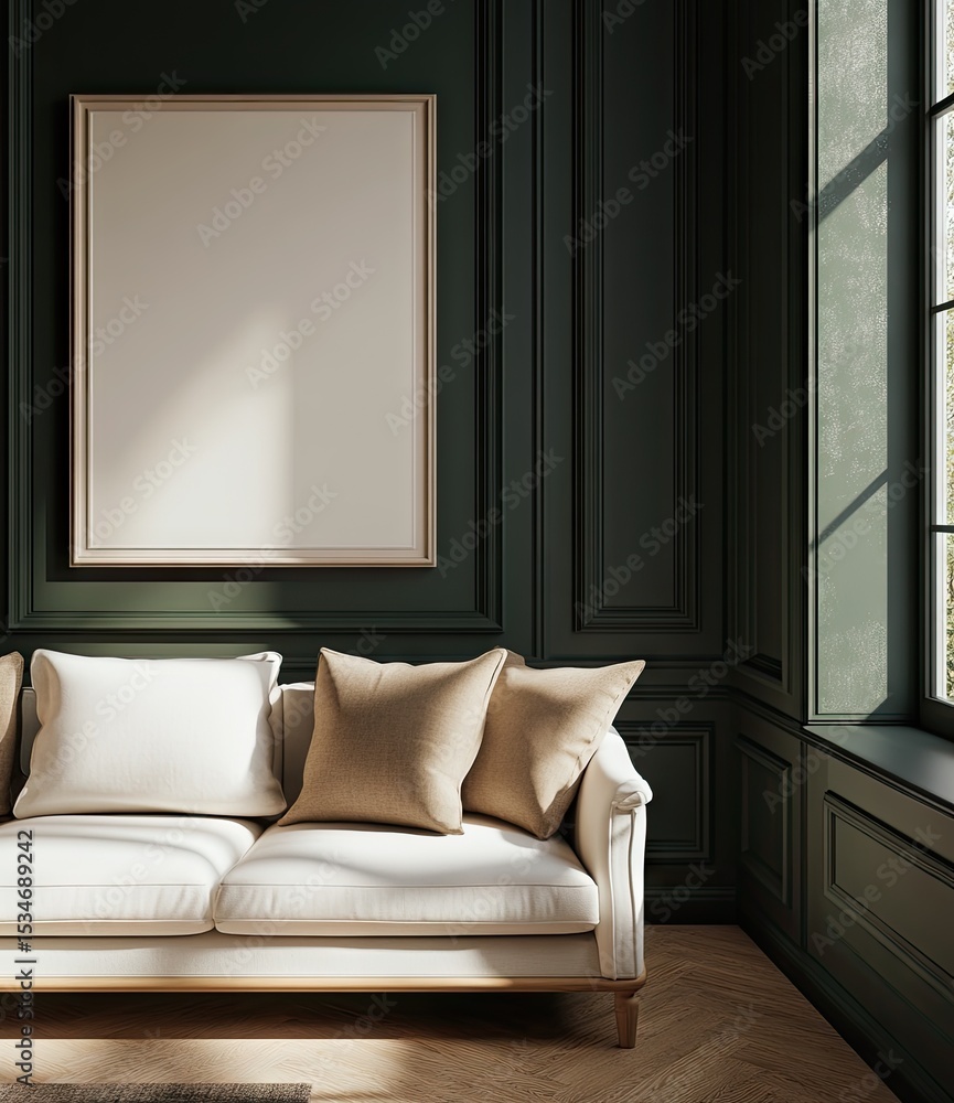 Fototapeta premium Elegant room with white couch, framed art