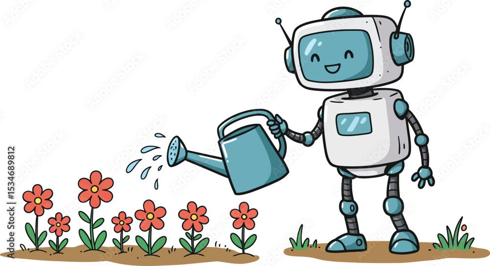 Obraz premium Robot watering red flowers in garden scene with smiling expression and blue watering can vector illustration