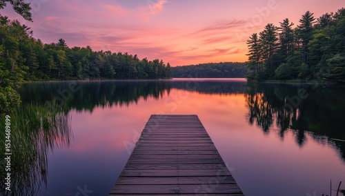 Fototapeta Naklejka Na Ścianę i Meble -  Peaceful lake sunset, wooden dock