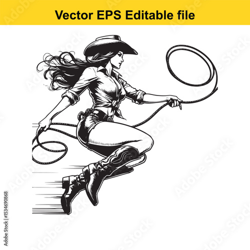 Dynamic Cowgirl Illustration Lassoing Adventure and Confidence a Vintage Style Portrayal of Western Spirit and Female Empowerment in Action