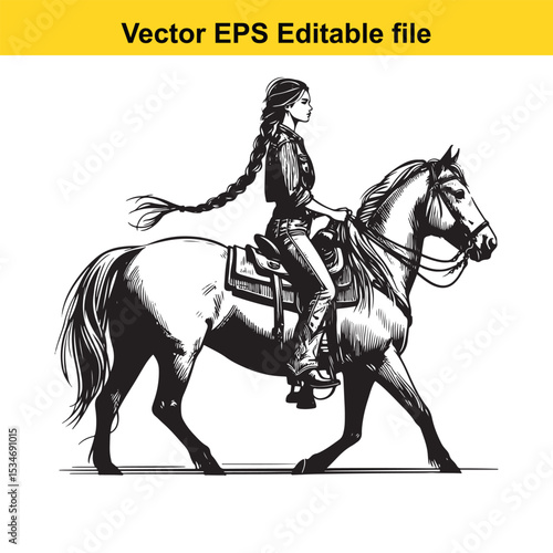 Silhouette of a Woman Riding a Horse in a Vector Illustration Style Equestrian Art Piece with Detailed Shading