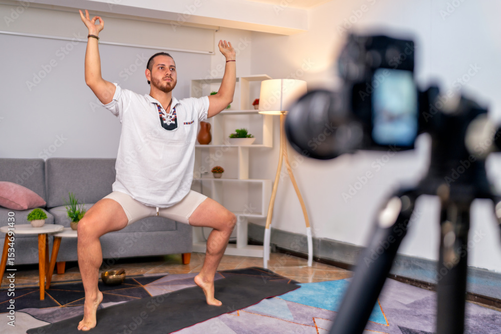 Yoga instructor streaming online class from home Yoga instructor streaming online class from home