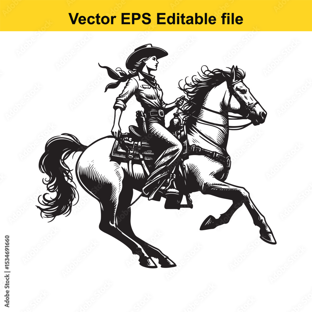 Obraz premium Bold Black and White Illustration of a Cowgirl Riding a Galloping Horse with Flowing Mane and Tail, a Classic Western Scene