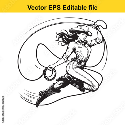 Dynamic Cowgirl in Action Artistic Black and White Sketch Capturing Movement and Western Theme with Lasso