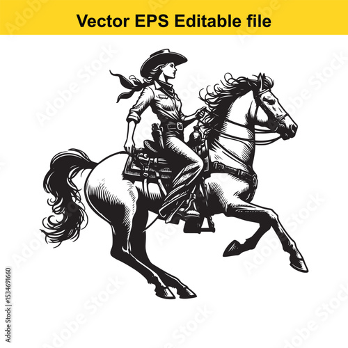 Bold Black and White Illustration of a Cowgirl Riding a Galloping Horse with Flowing Mane and Tail, a Classic Western Scene