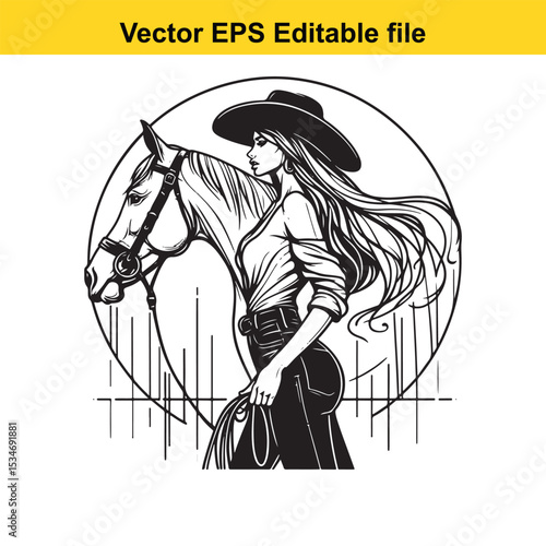 Cowgirl and Horse Illustration Elegant Western Woman with Long Hair and Cowboy Hat Equestrian Theme Black and White