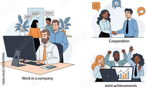 Illustration set showing office professionals working together, forming partnerships through cooperation, and celebrating shared achievements with growth charts. 