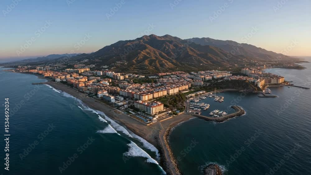 Scenic Aerial View of Coastal City at Sunset with Mountain Background Scenic Aerial View of Coastal City at Sunset with Mountain Background
