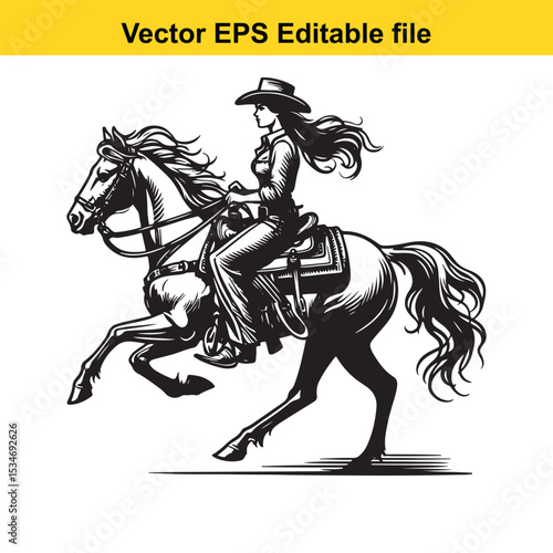 Dynamic Black and White Silhouette of a Cowgirl Riding a Rearing Horse in a Bold Vector Art Style