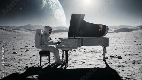 Astronaut Playing Piano on the Moon's Surface in a Cosmic Scene