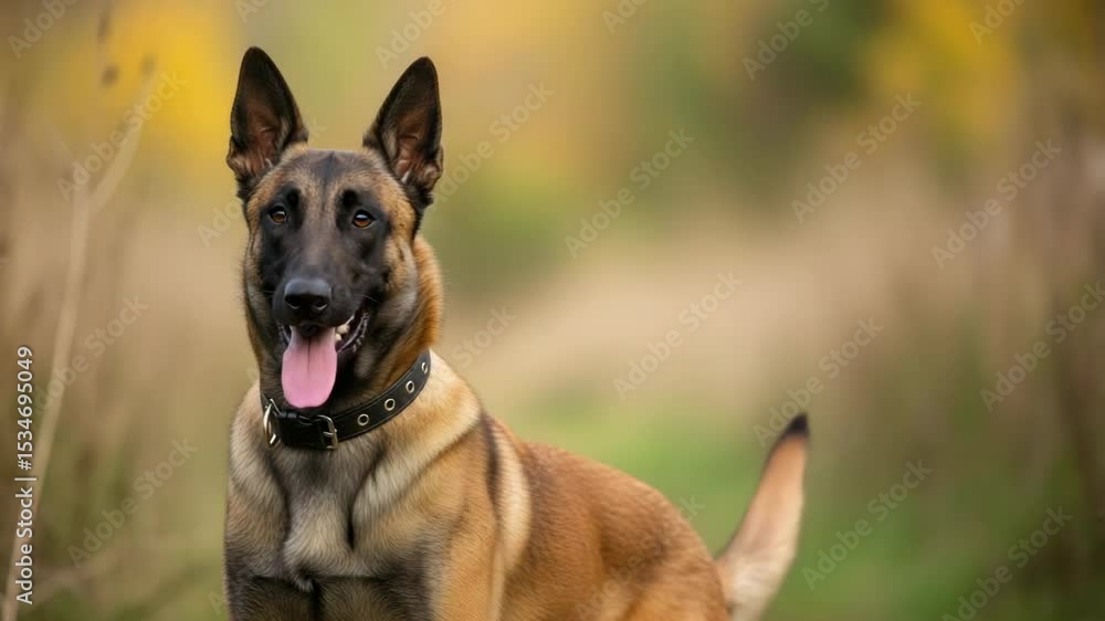 Happy Belgian Malinois Dog Standing in a Natural Outdoor Setting Happy Belgian Malinois Dog Standing in a Natural Outdoor Setting