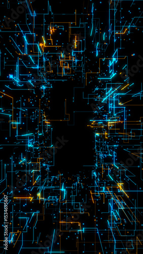 High-tech digital tunnel with glowing blue and orange neon circuit lines on a black vertical layout. Ideas for futuristic, sci-fi, and cyber technology themes. Background 3d Rendering