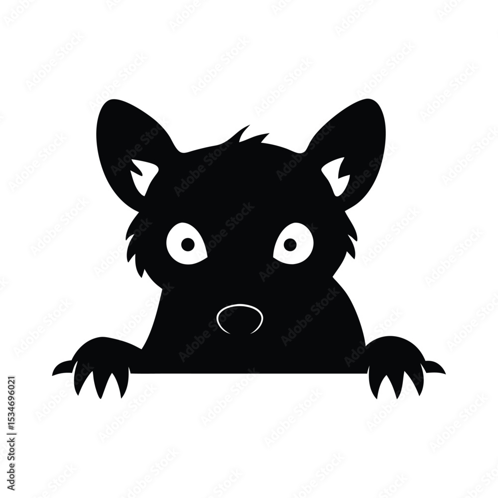 Fototapeta premium Hyena silhouette with large expressive eyes and front paws visible vector illustration.