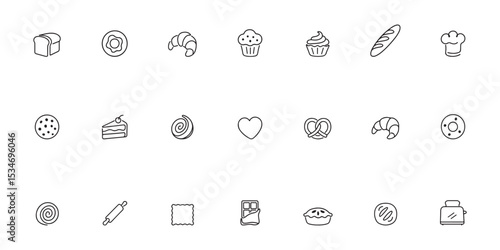 Single Line Art Vector Icons Set of Delicious Bakery and Pastry Silhouettes