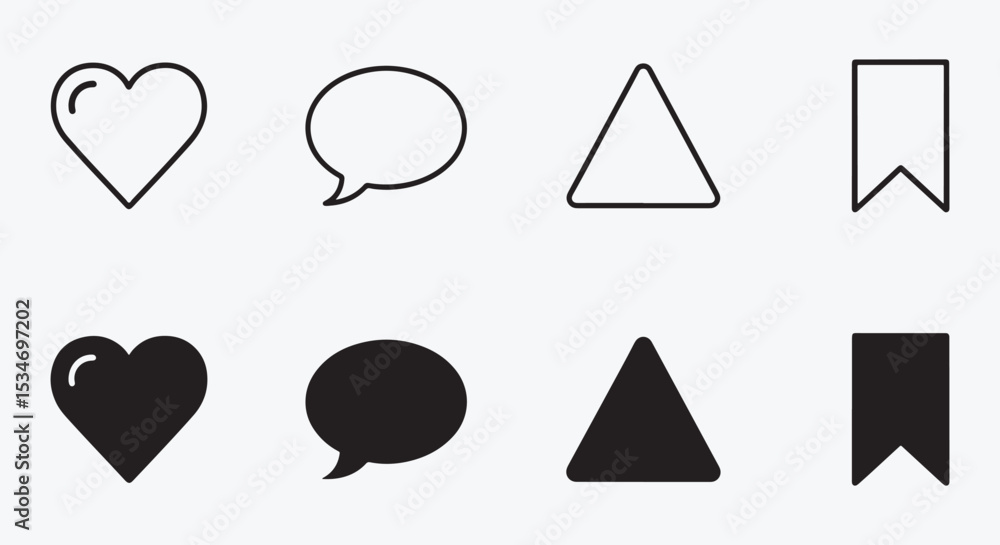 Essential UI Icon Set – Heart Chat Triangle & Bookmark in Solid and Outline Styles Essential UI Icon Set – Heart Chat Triangle & Bookmark in Solid and Outline Styles