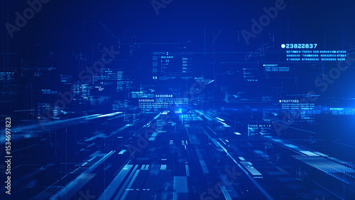 Fototapeta Naklejka Na Ścianę i Meble -  Futuristic Blue Digital Data with Tech Grid, Binary Information, and Cyber Interface for Technology and Innovation Concepts, Big Data Technology Background 3d Rendering