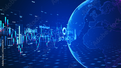 Futuristic financial stock market analysis with global data charts, digital graphs, and investment trends in a high-tech environment. Global Investment background 3d Rendering