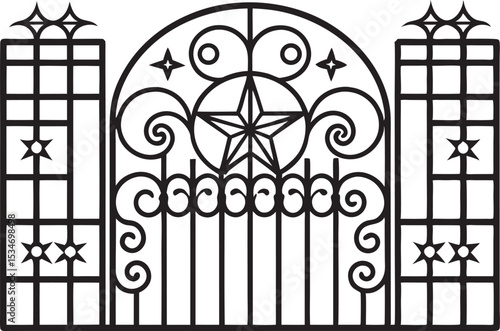 This collection of black and white images showcases various gate designs, ranging from simple entryways to more elaborate and decorative structures.