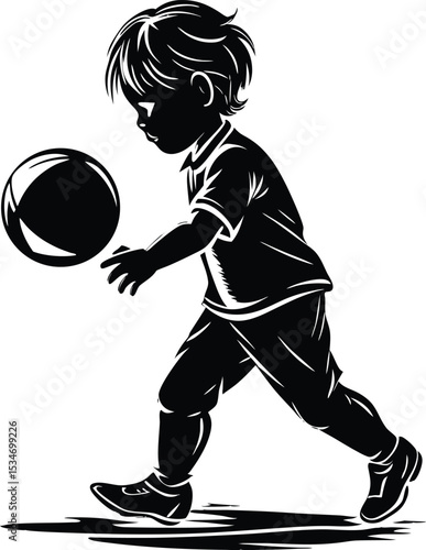 Silhouette of Young Boy Kicking Ball in Motion, Vector Illustration