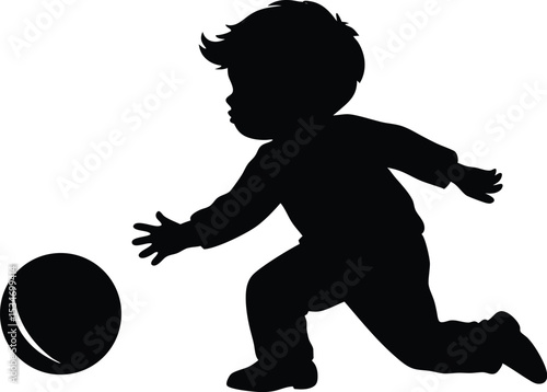 Silhouette of Toddler Reaching for Ball, Child Playing Vector Illustration
