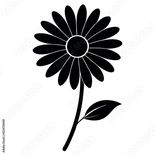 Black silhouette of a single daisy flower on a white background. Perfect for botanical designs, tattoo art, minimal decor, nature-themed prints, and floral branding visuals.