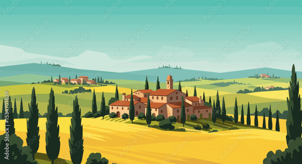 Naklejka premium Rural landscape with golden wheat field and red-roofed building with tower