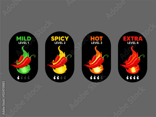 Hot spicy level labels of vector chili Spicy food or sauce taste scale indicators green red yellow and orange rating signs for hot extra and mild taste    
