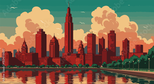 Cityscape illustration with central skyscraper and reflective water body