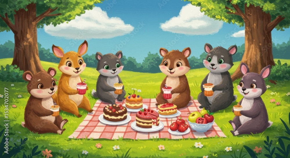Naklejka premium Adorable animal picnic gathering sunny meadow illustrated scene nature playful concept