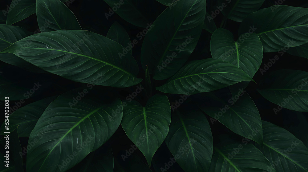 Fototapeta premium Dark, glossy tropical leaves fill the frame with subtle highlights and rich green tones, creating a calming, lush, and natural botanical backdrop.