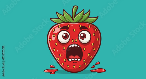 Anthropomorphized strawberry with surprised expression on solid green background