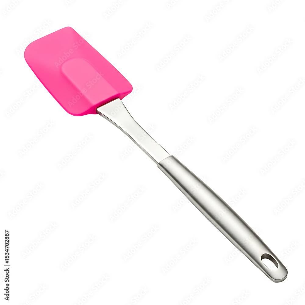 A pink silicone spatula with a silver handle is angled against a black background A pink silicone spatula with a silver handle is angled against a black background