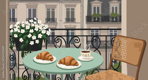 Urban balcony with breakfast, potted plant, and European-style buildings in the background