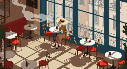 Woman reading newspaper in vintage café with natural light and large windows