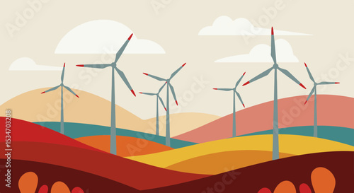 Illustration of a serene wind farm with green and red turbines against rolling hills and a beige sky