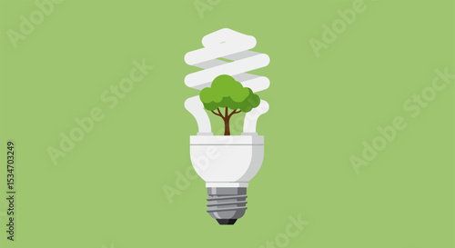 Minimalist flat design illustration of a light bulb with a stylized tree inside on a green background