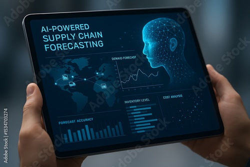 A cutting-edge tablet showcases an AI-powered supply chain forecasting interface, a concept of innovation with an insightful graphic interface in the palm of one's hands.