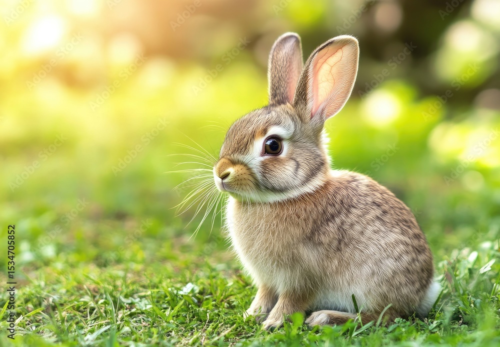 Fototapeta premium Adorable baby rabbit in grassy field, sunny day