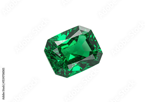 A vibrant emeraldcut green gemstone shines against a stark black backdrop highlighting its facets and depth