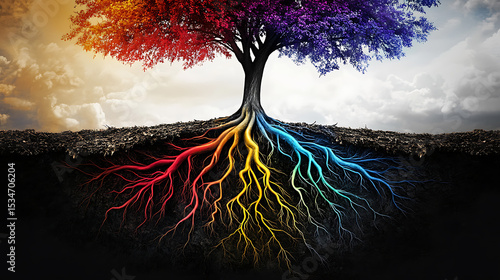 Spectacular Tree with Multicolored Leaves and Rainbow Roots Emerging from Soil
