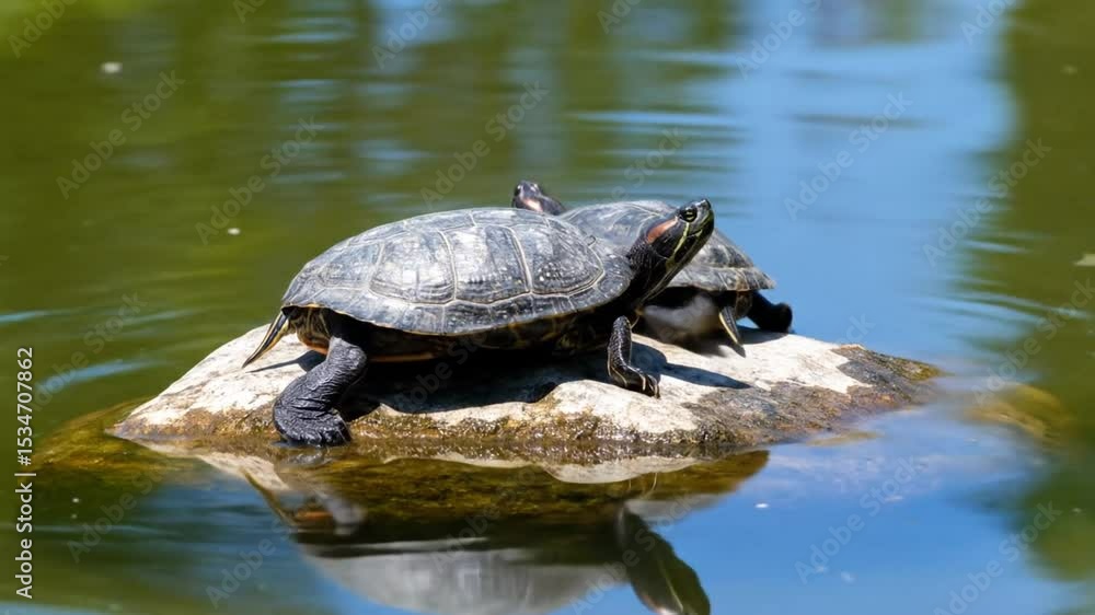 Two Turtles On Rock In Pond Two Turtles On Rock In Pond