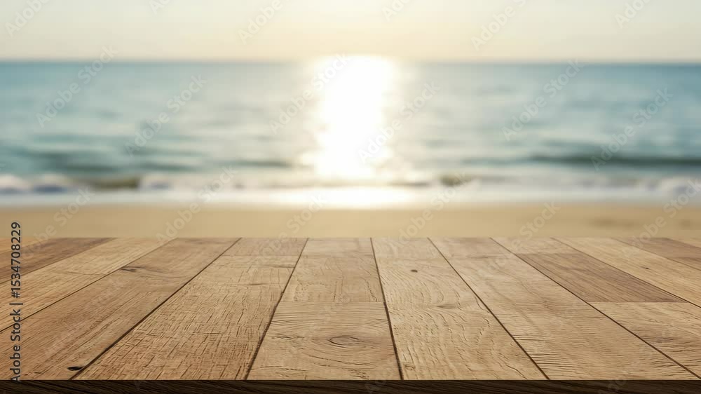 Serene Wooden Table Overlooking a Calm Ocean at Sunset Serene Wooden Table Overlooking a Calm Ocean at Sunset