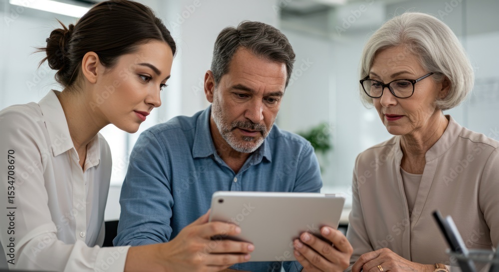 Business Colleagues Examining Digital Tablet in Modern Office with Diverse Age Group and Professional Attire Business Colleagues Examining Digital Tablet in Modern Office with Diverse Age Group and Professional Attire
